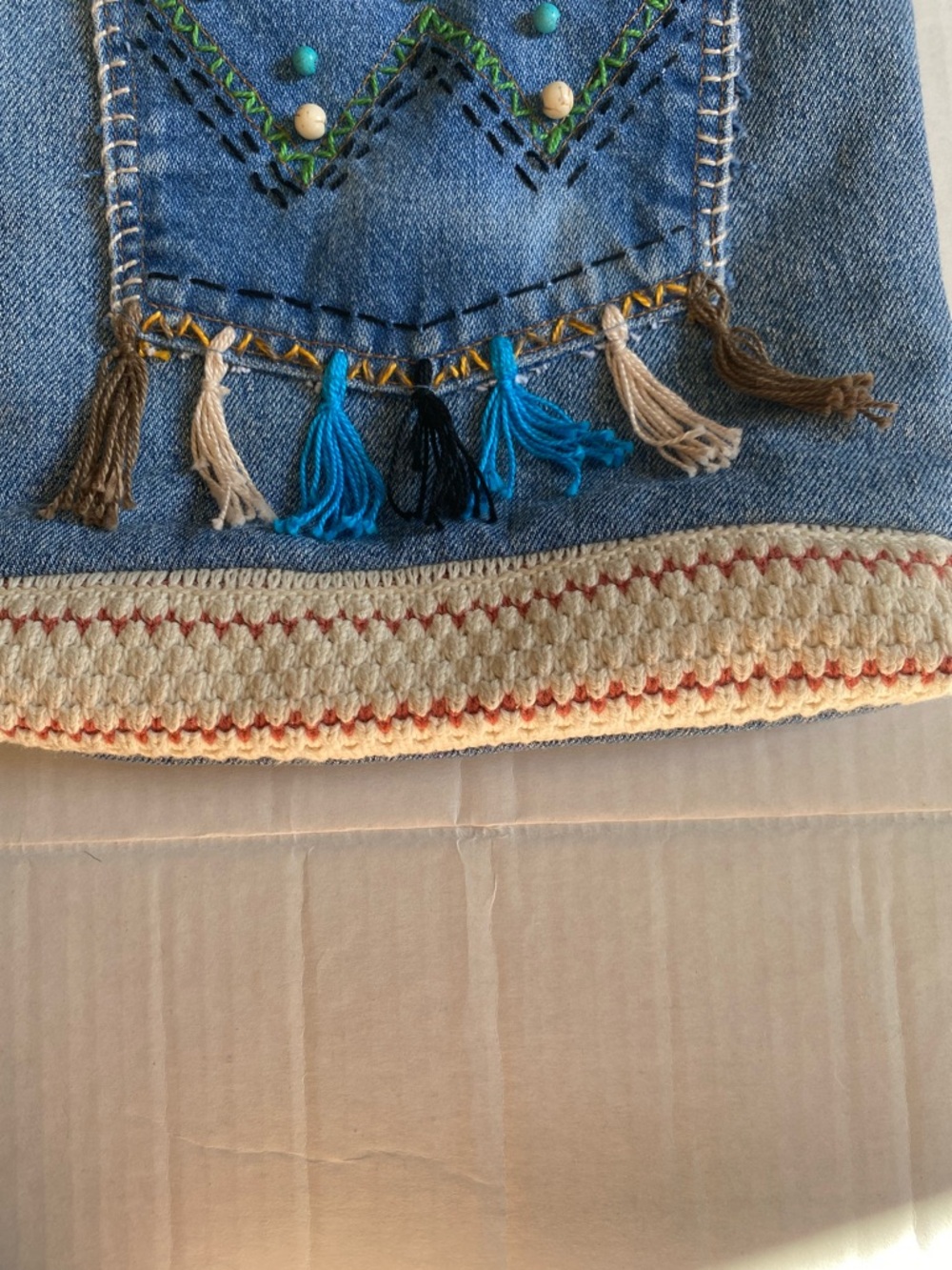 Upcycled Boho Denim Tassel Crossbody Bag with Beads and Embroidery - Picture 5 of 13